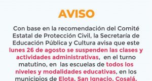 Se suspenden clases, por pronóstico de lluvias muy fuertes, en el Sur de Sinaloa