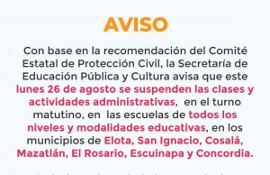Se suspenden clases, por pronóstico de lluvias muy fuertes, en el Sur de Sinaloa