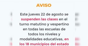 Se suspenden clases en los turnos matutinos y vespertino de todo Sinaloa