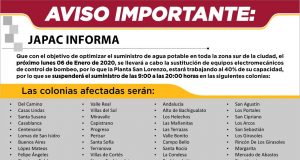 AVISO: Suspenderán servicio de agua el lunes en zona sur de Culiacán