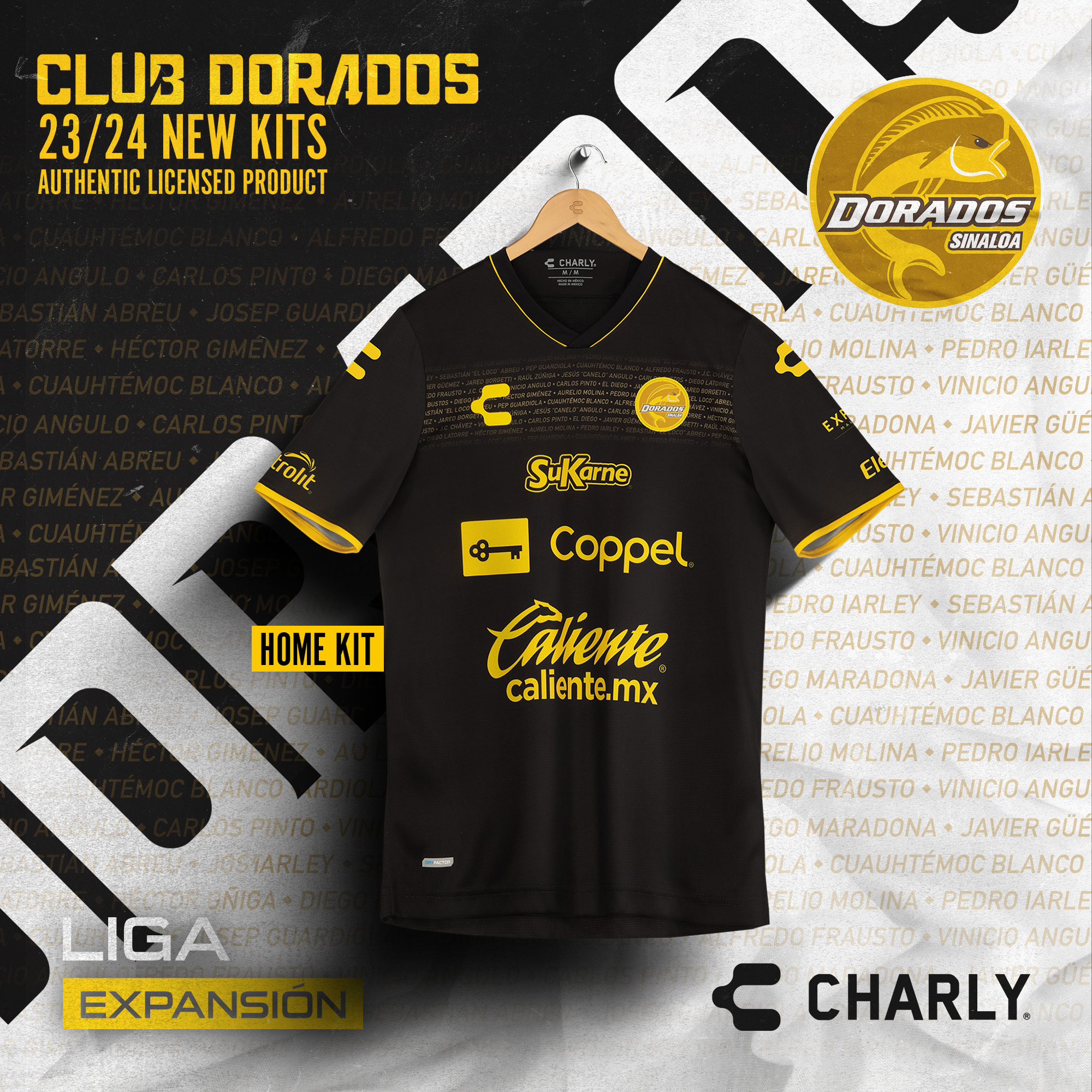 El equipo Dorados de Sinaloa, de la Liga de Expansión del futbol mexicano, dio a conocer uno de sus nuevos jerseys que usará durante el Apertura 2023 y el Clausura 2024, el cual es dedicado a sus leyendas.Dorados, que nació en 2003 y ha tenido dos etapas en Primera División, luce en su uniforme negro con toques en dorado el nombre en el pecho de diversas leyendas que ha tenido el equipo a lo largo de su historia.
Dorados estrenará uniforme dedicado a leyendas