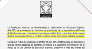 Llama ANUIES a tres poderes de Sinaloa buscar conjuntamente solución al conflicto con la UAS