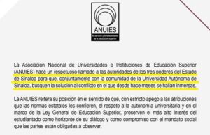 Llama ANUIES a tres poderes de Sinaloa buscar conjuntamente solución al conflicto con la UAS